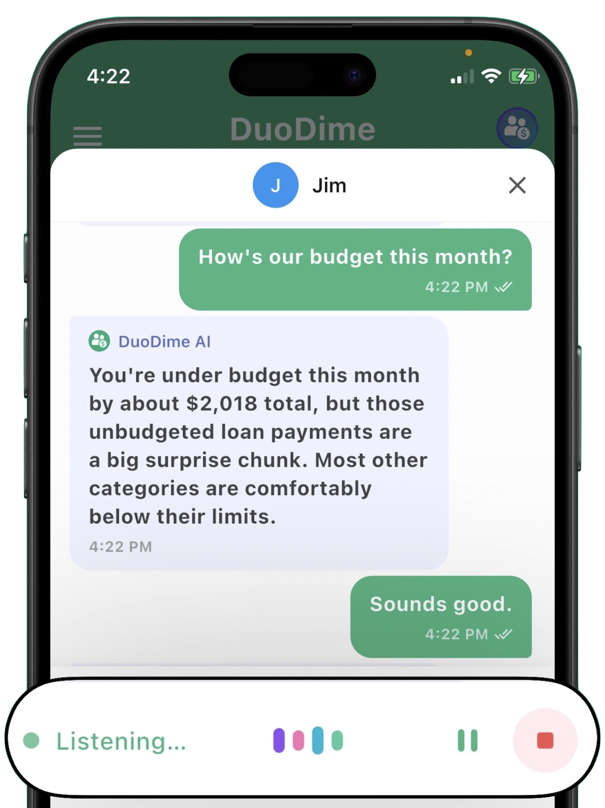 DuoDime AI listens to both sides of a money conversation and helps couples find common ground